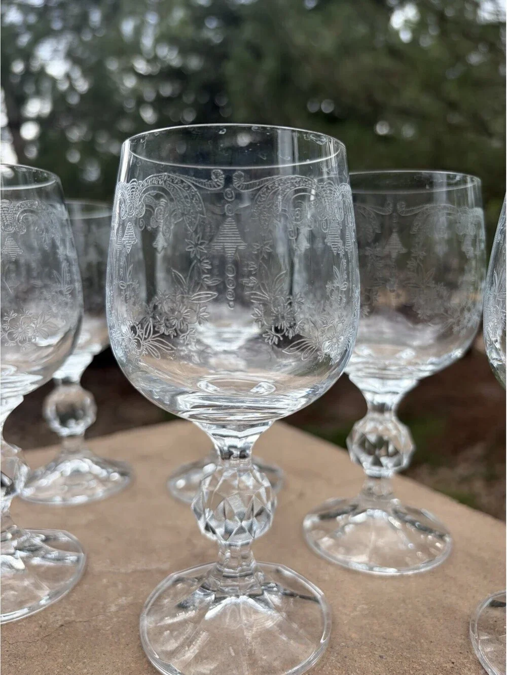 7 Vintage Bohemia Crystal Etched Cascade Wine Glass Goblets Ball Stem 5 3/4. “